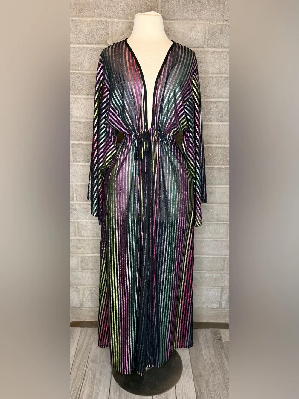 TAMO Design L Metallic Rainbow Stripe Sheer Maxi Duster Kimono Festival